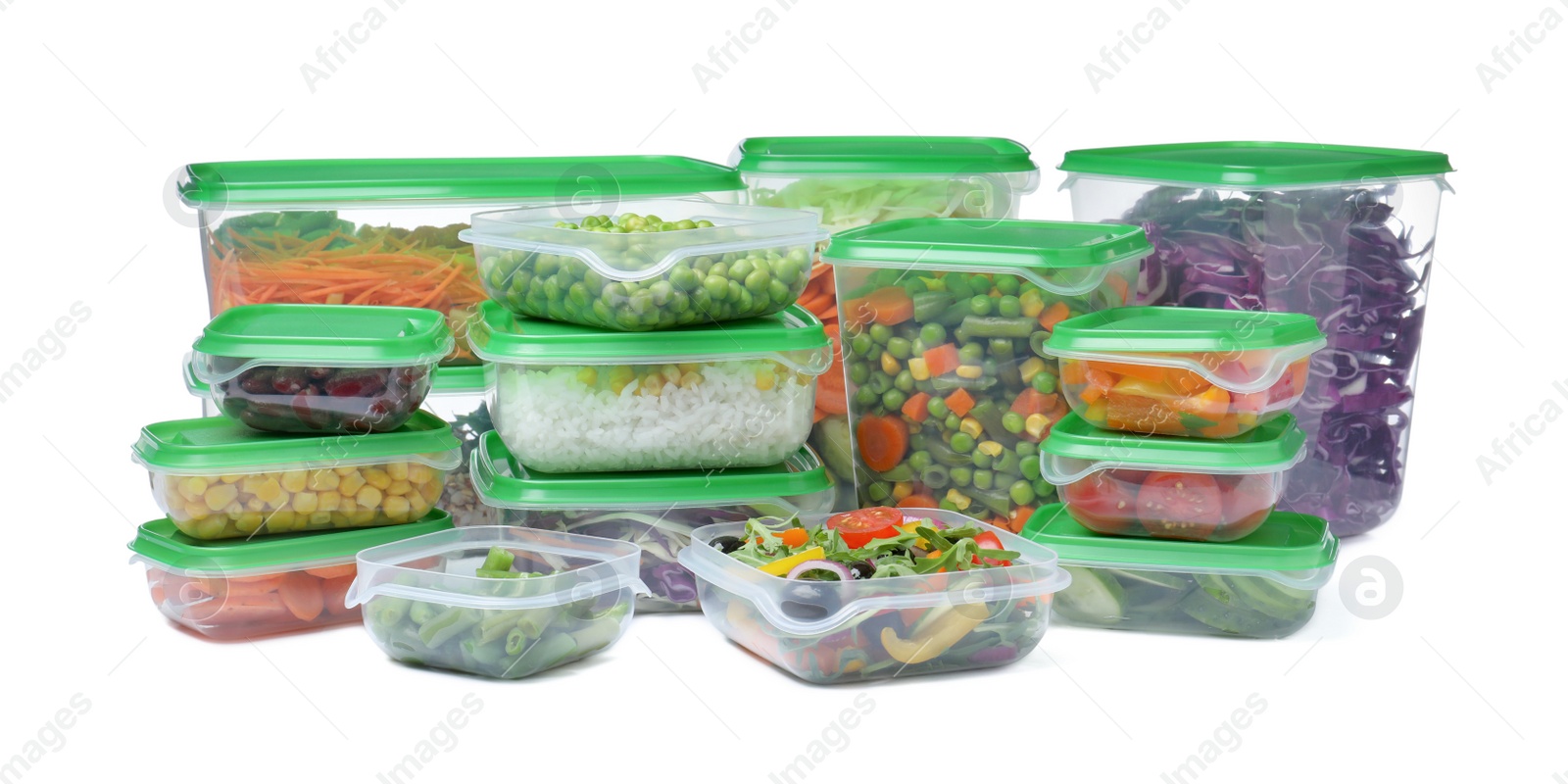 Photo of Plastic containers with fresh food on white background