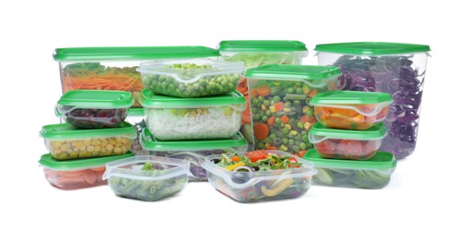 Photo of Plastic containers with fresh food on white background