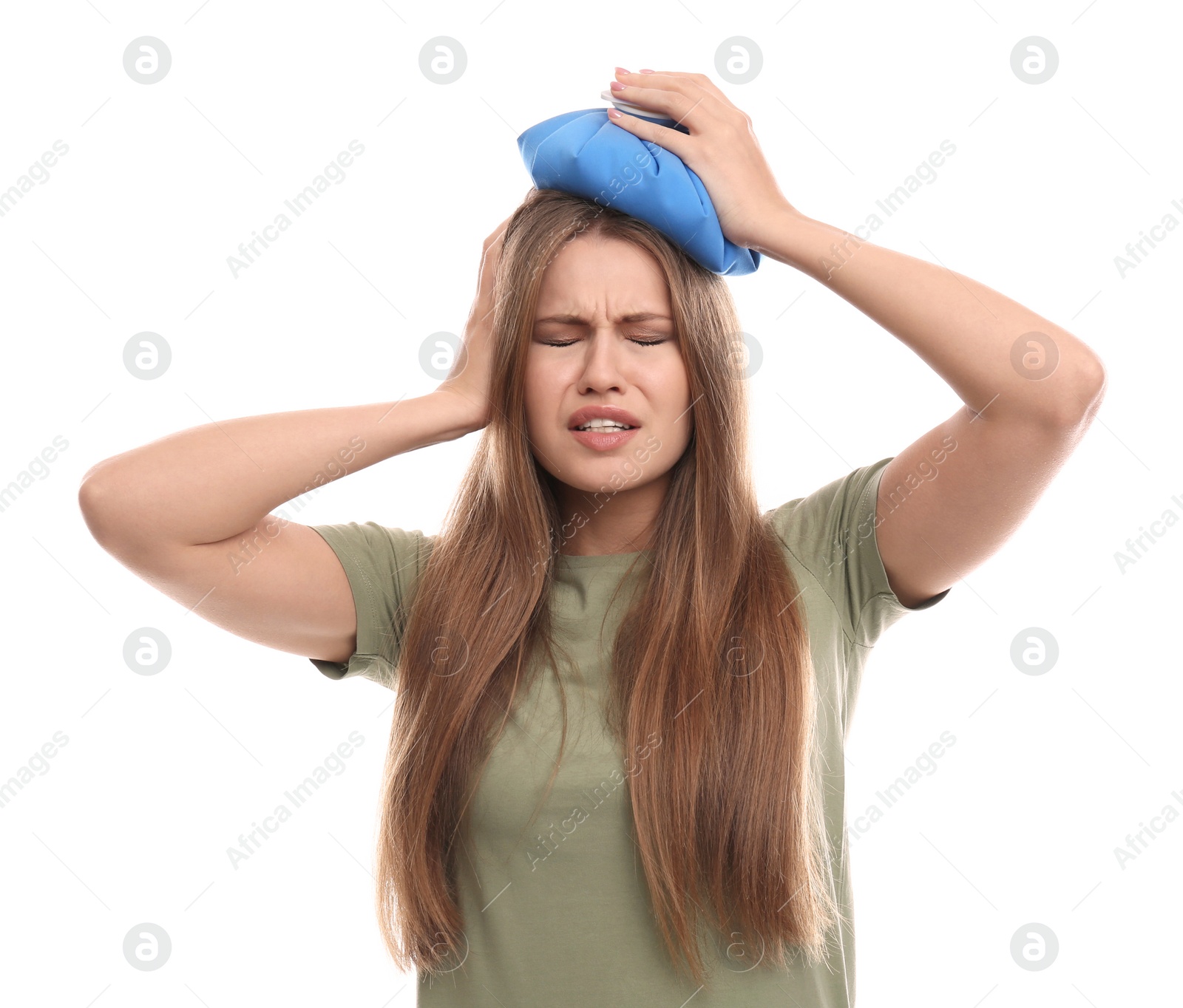 Photo of Unhappy woman using cold pack to cure headache on white background