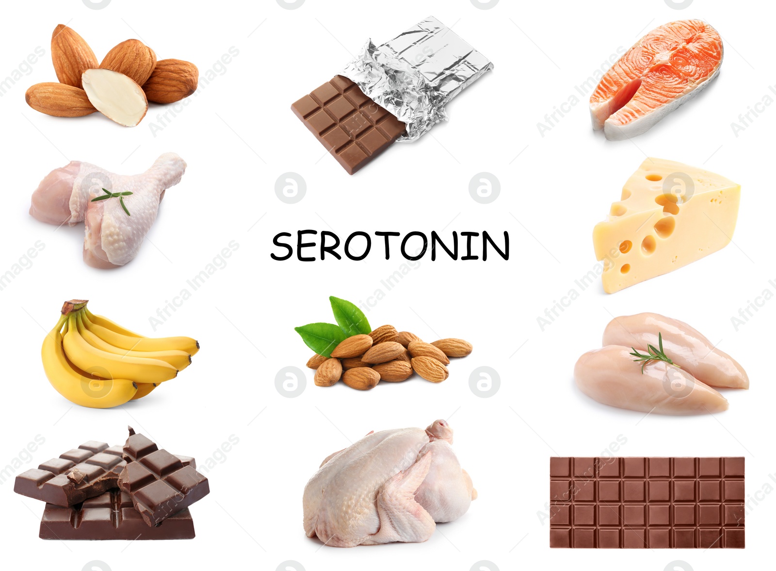 Image of Different foods rich in serotonin that can help you stay cheerful. Different tasty products on white background
