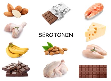 Different foods rich in serotonin that can help you stay cheerful. Different tasty products on white background