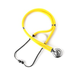 Photo of Stethoscope on white background, top view. Medical device