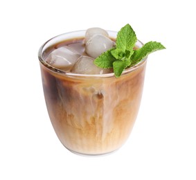 Photo of Refreshing iced coffee with milk in glass isolated on white