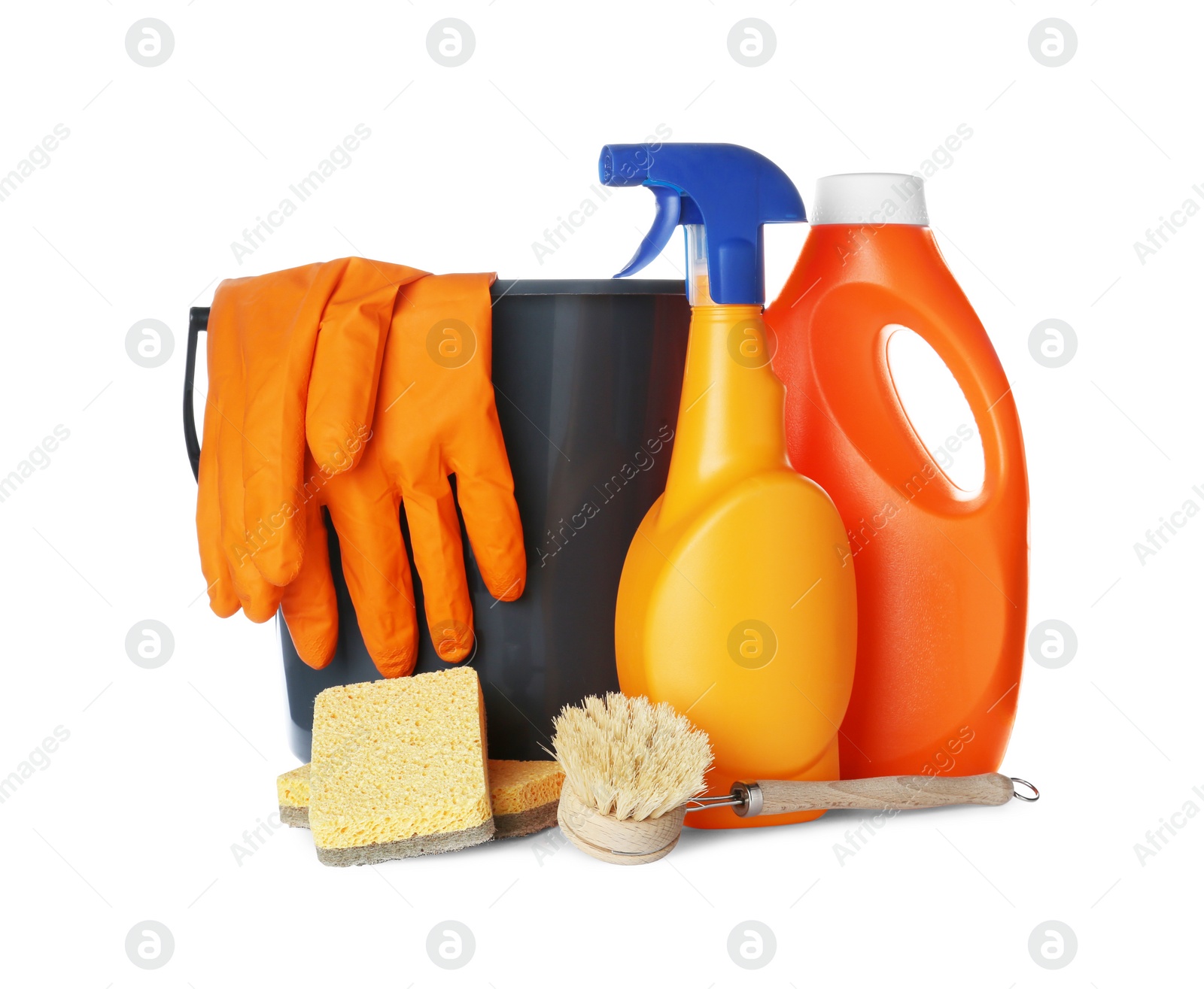 Photo of Different cleaning supplies and tools on white background