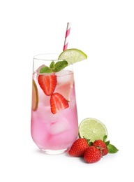 Photo of Tasty refreshing drink with strawberries on white background