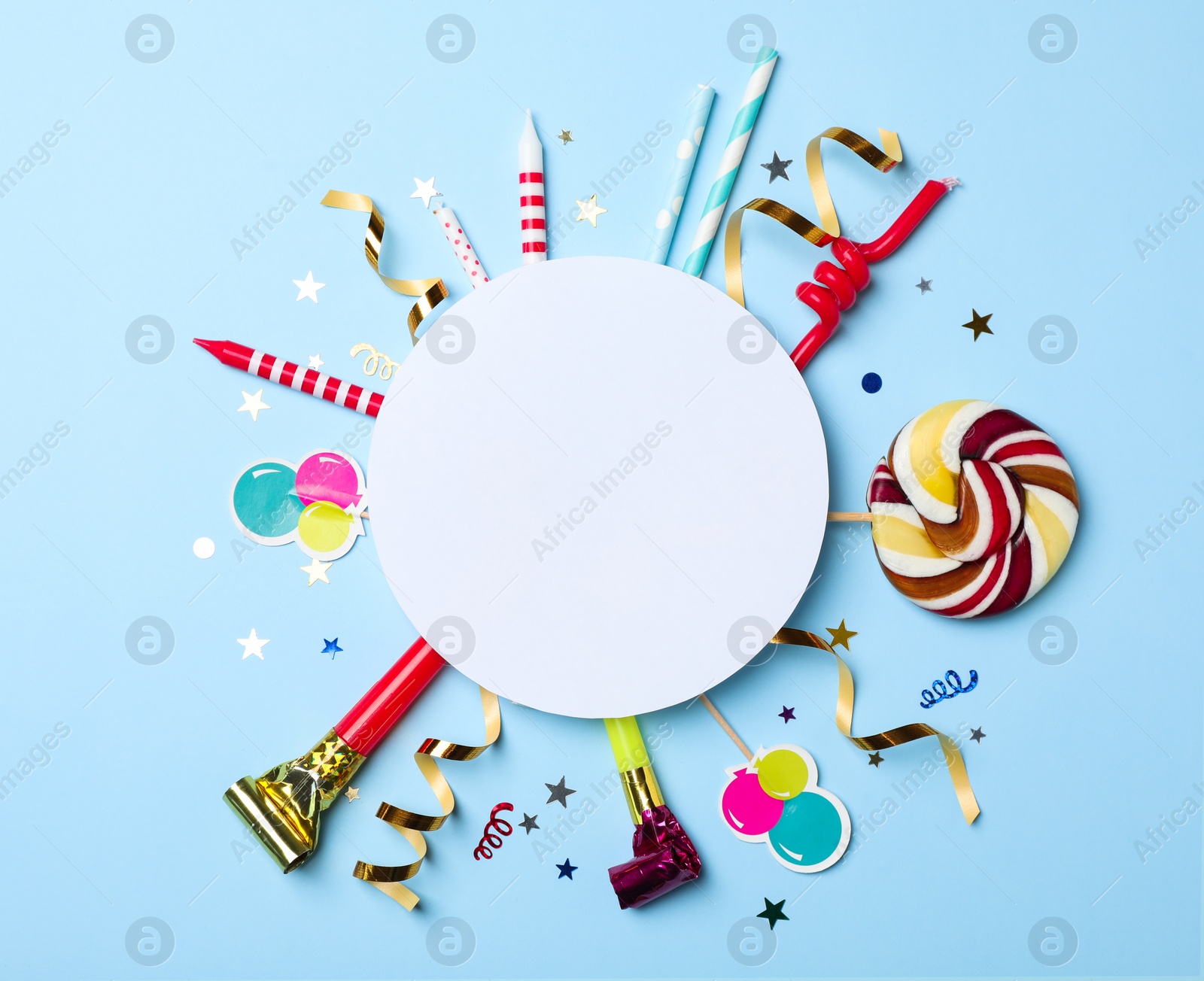 Photo of Flat lay composition with birthday party items on color background