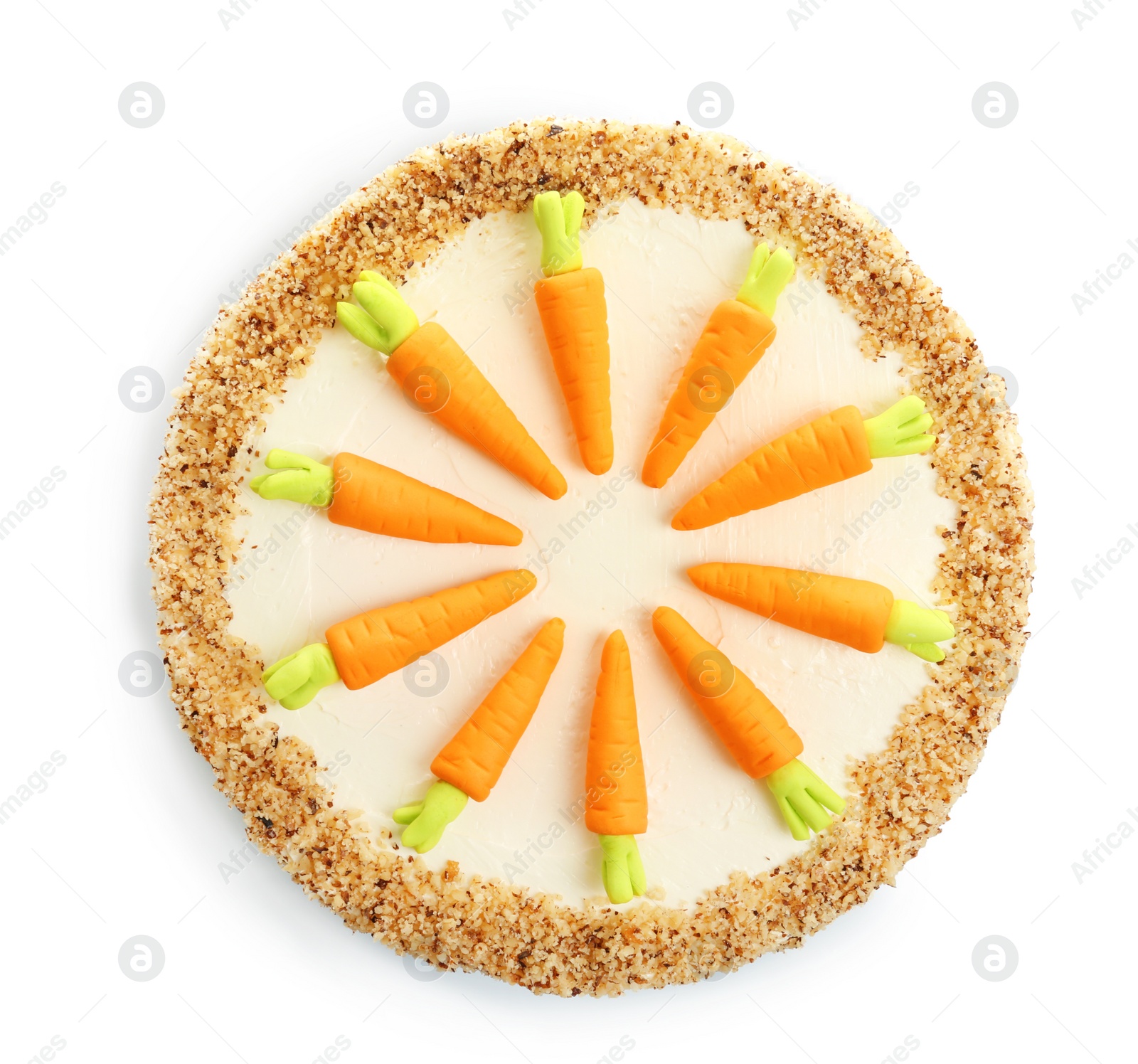 Photo of Delicious carrot cake isolated on white, top view