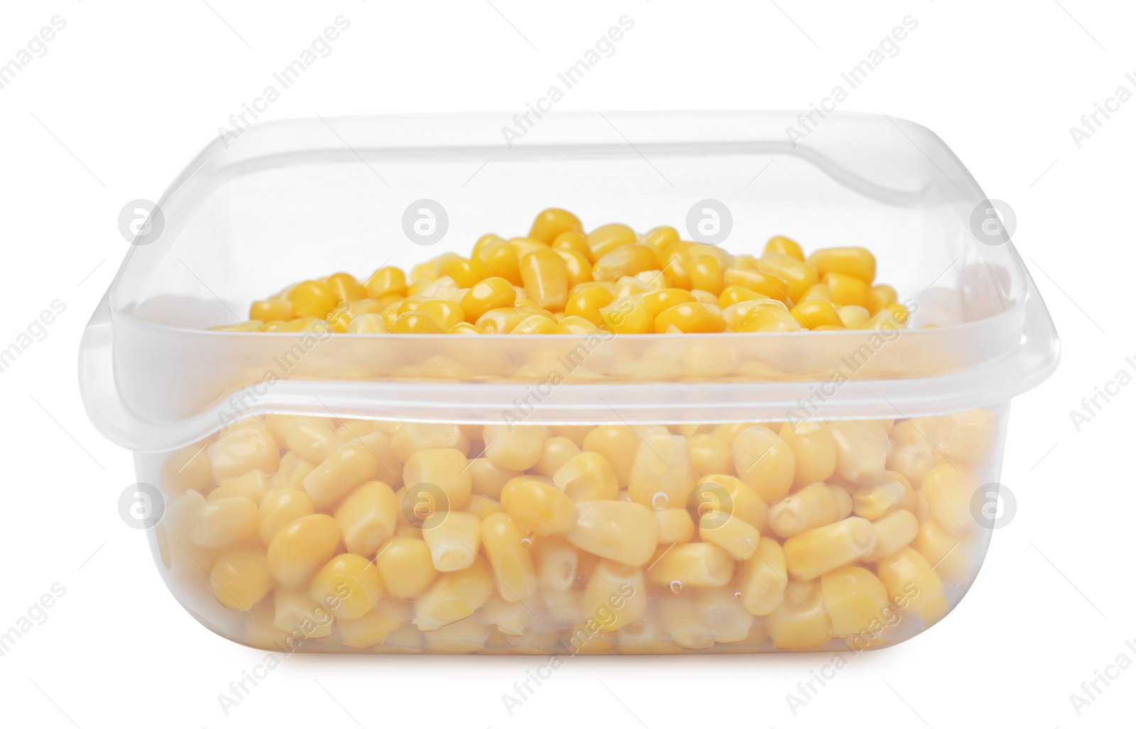 Photo of Fresh corn kernels in plastic container isolated on white