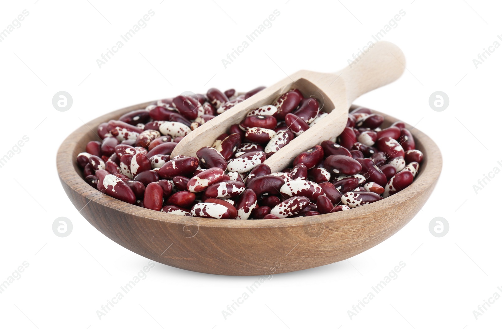 Photo of Bowl with dry kidney beans and scoop isolated on white