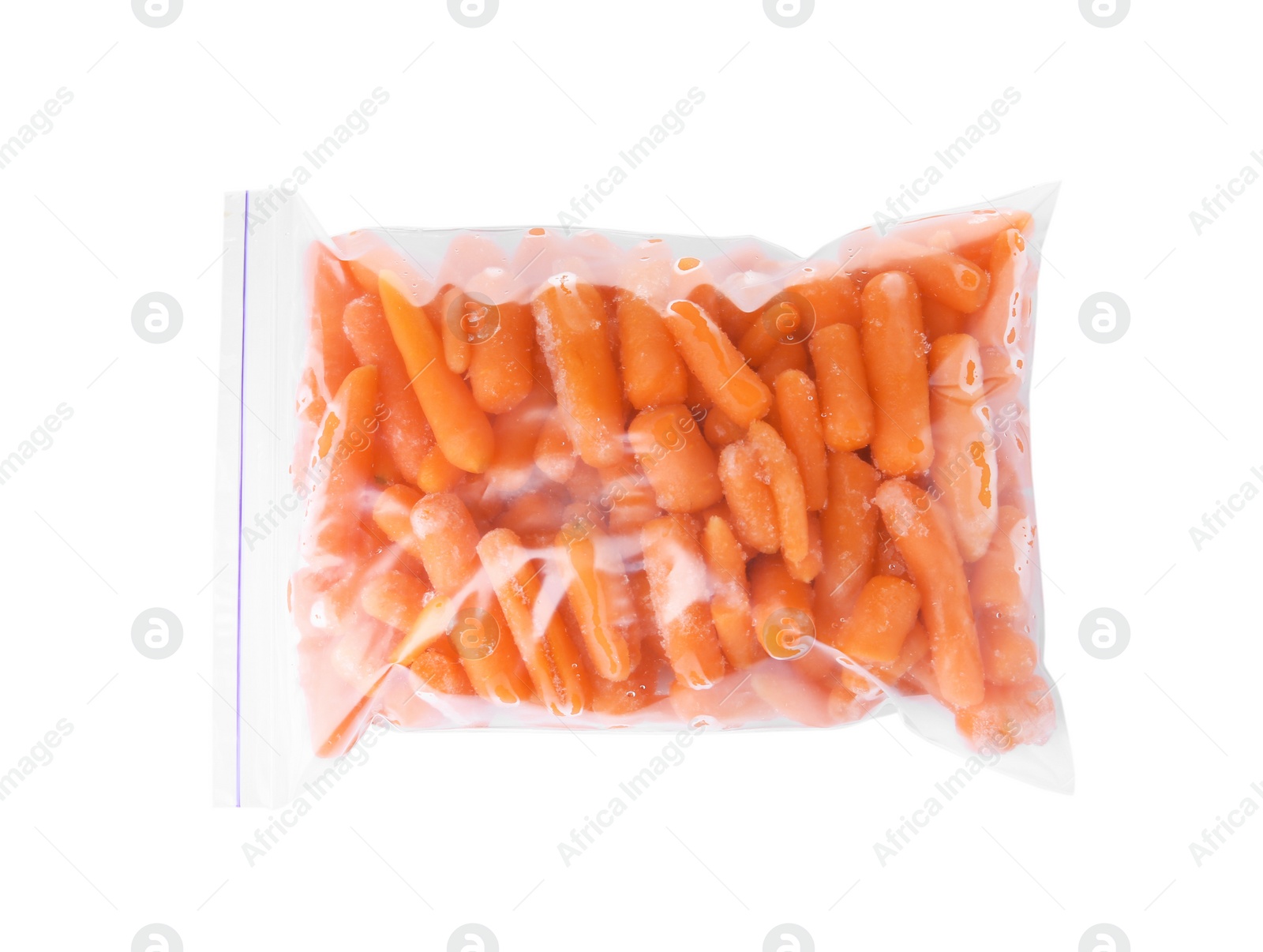 Photo of Plastic bag with frozen baby carrots on white background, top view. Vegetable preservation