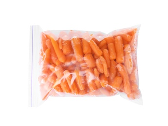 Photo of Plastic bag with frozen baby carrots on white background, top view. Vegetable preservation