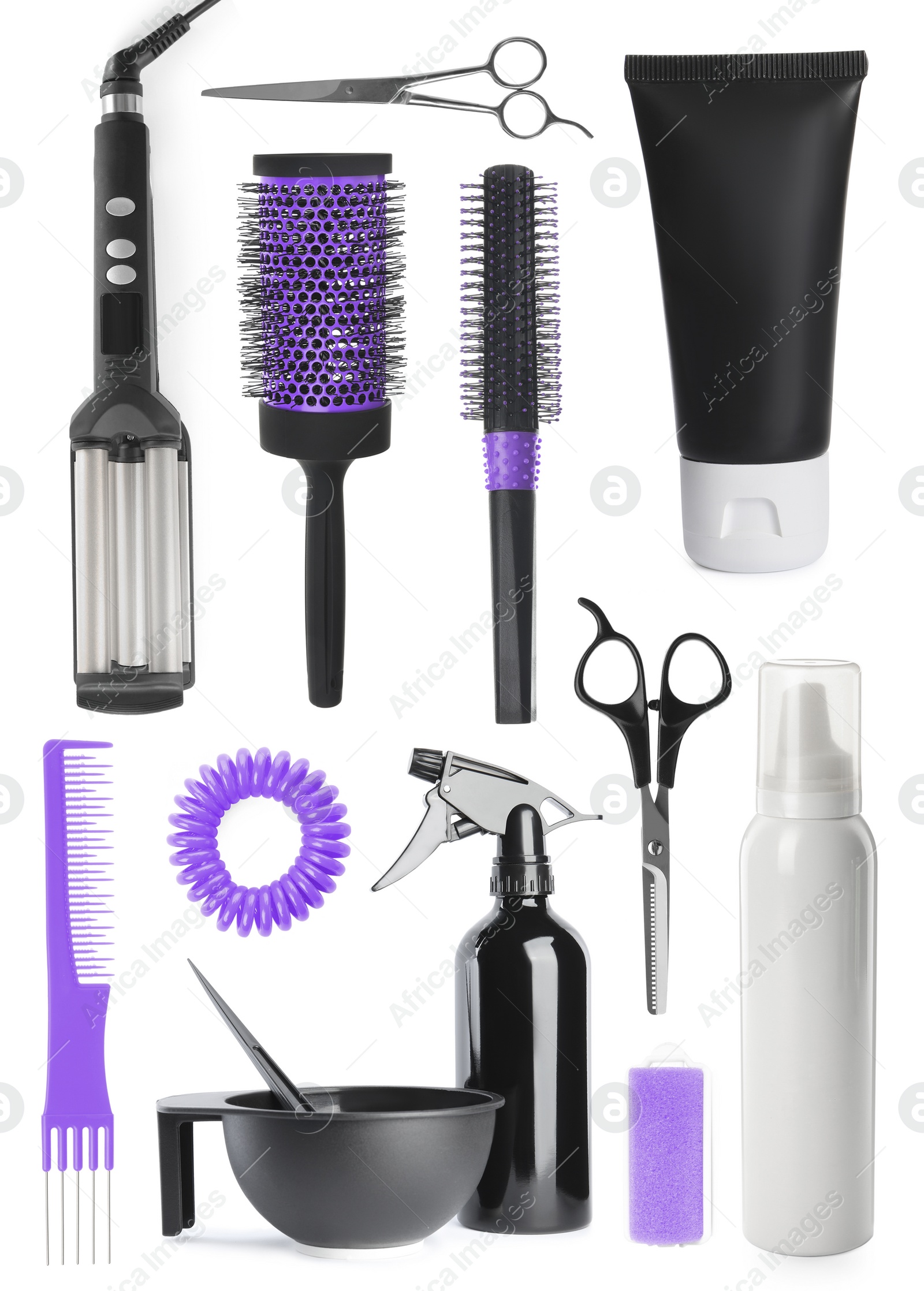 Image of Set with professional hairdresser tools and cosmetic products on white background