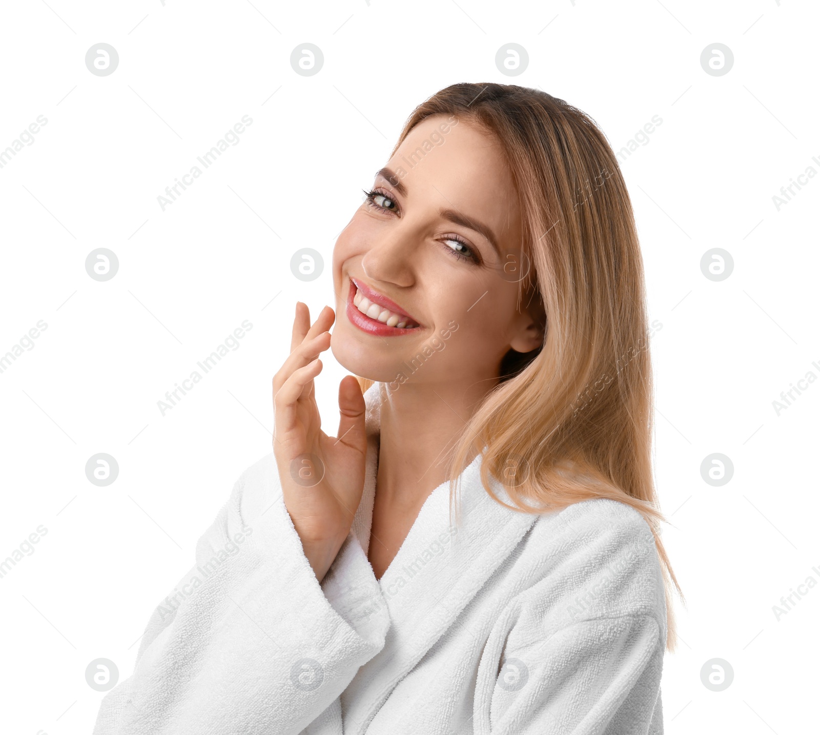 Photo of Beautiful young woman with silky skin on white background