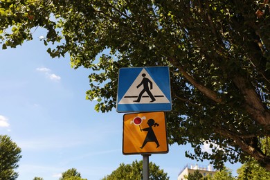 Photo of Different road signs near tree outdoors on sunny day