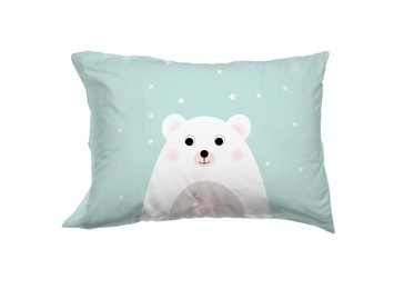 Image of Soft pillow with printed cute bear isolated on white