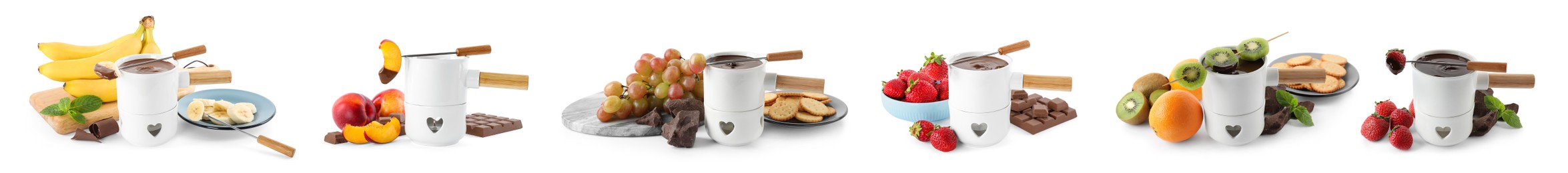 Set with fondue pots with chocolate and fruits on white background. Banner design