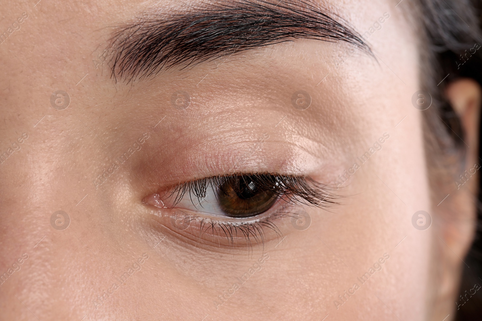 Photo of Young woman with beautiful natural eyelashes, closeup view