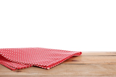 Photo of Red checkered napkins on wooden table against white background. Mockup for design