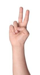 Photo of Playing rock, paper and scissors. Man making scissors with his fingers on white background, closeup