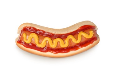 Image of Yummy hot dog with ketchup and mustard isolated on white