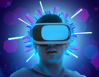 Image of Metaverse. Man using virtual reality headset. Cyber city around his head, illustration of immersion into cyber space