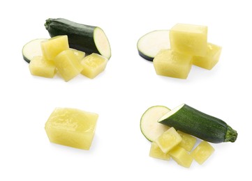 Image of Set with frozen zucchinis puree cubes and ingredients on white background