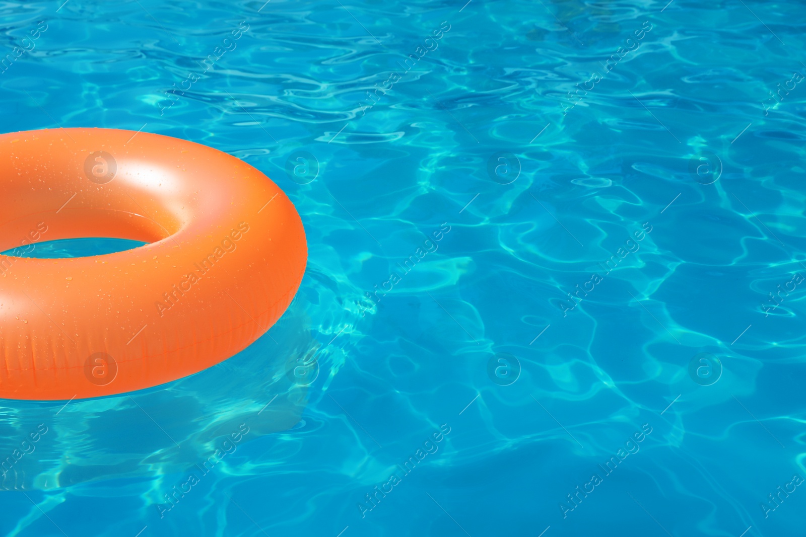 Photo of Inflatable ring floating in swimming pool on sunny day. Space for text