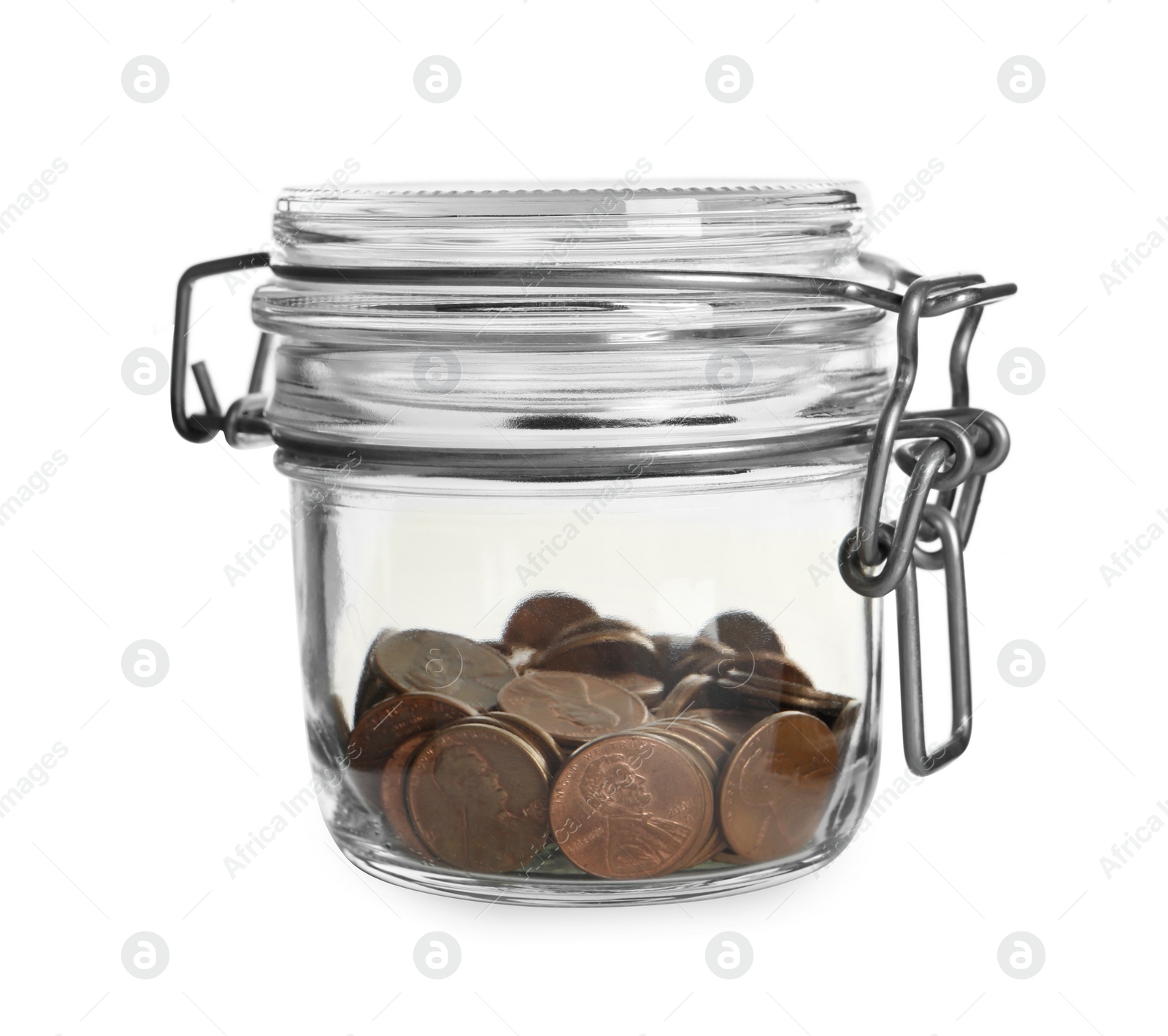 Photo of Glass jar with coins isolated on white