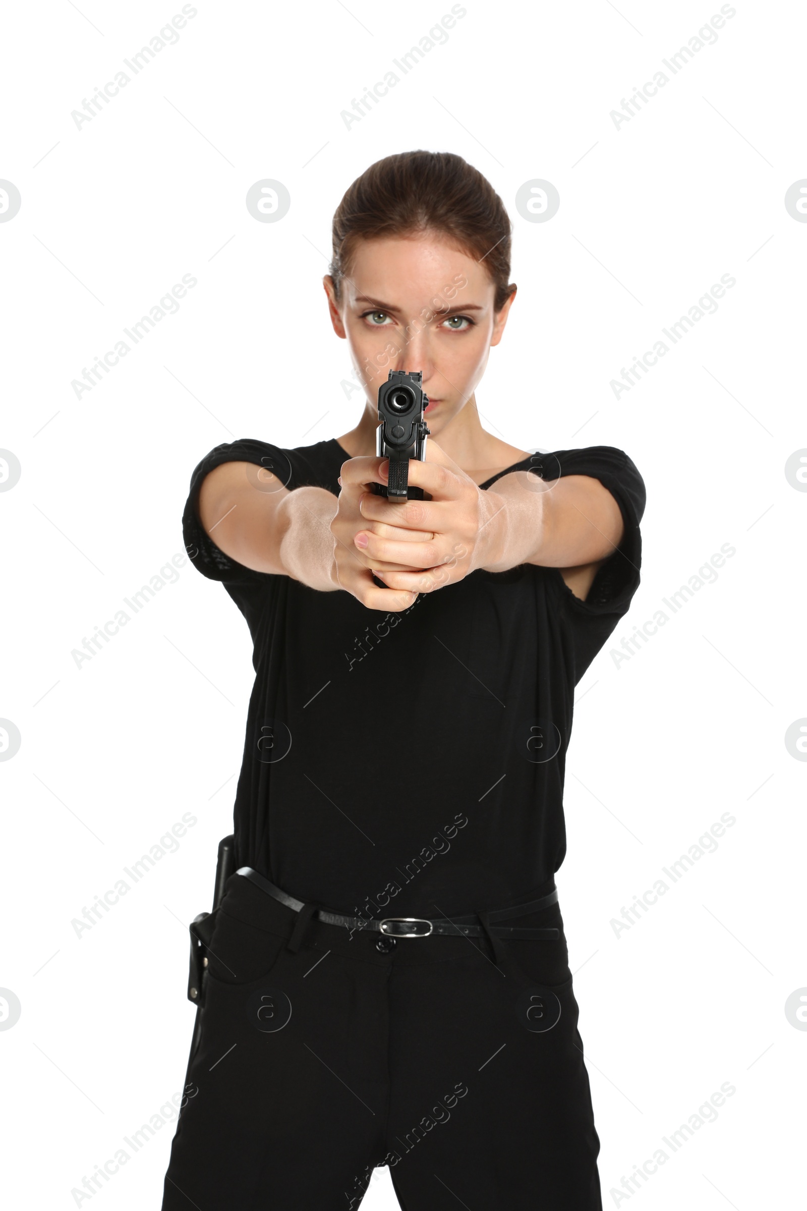 Photo of Female security guard in uniform with gun on white background