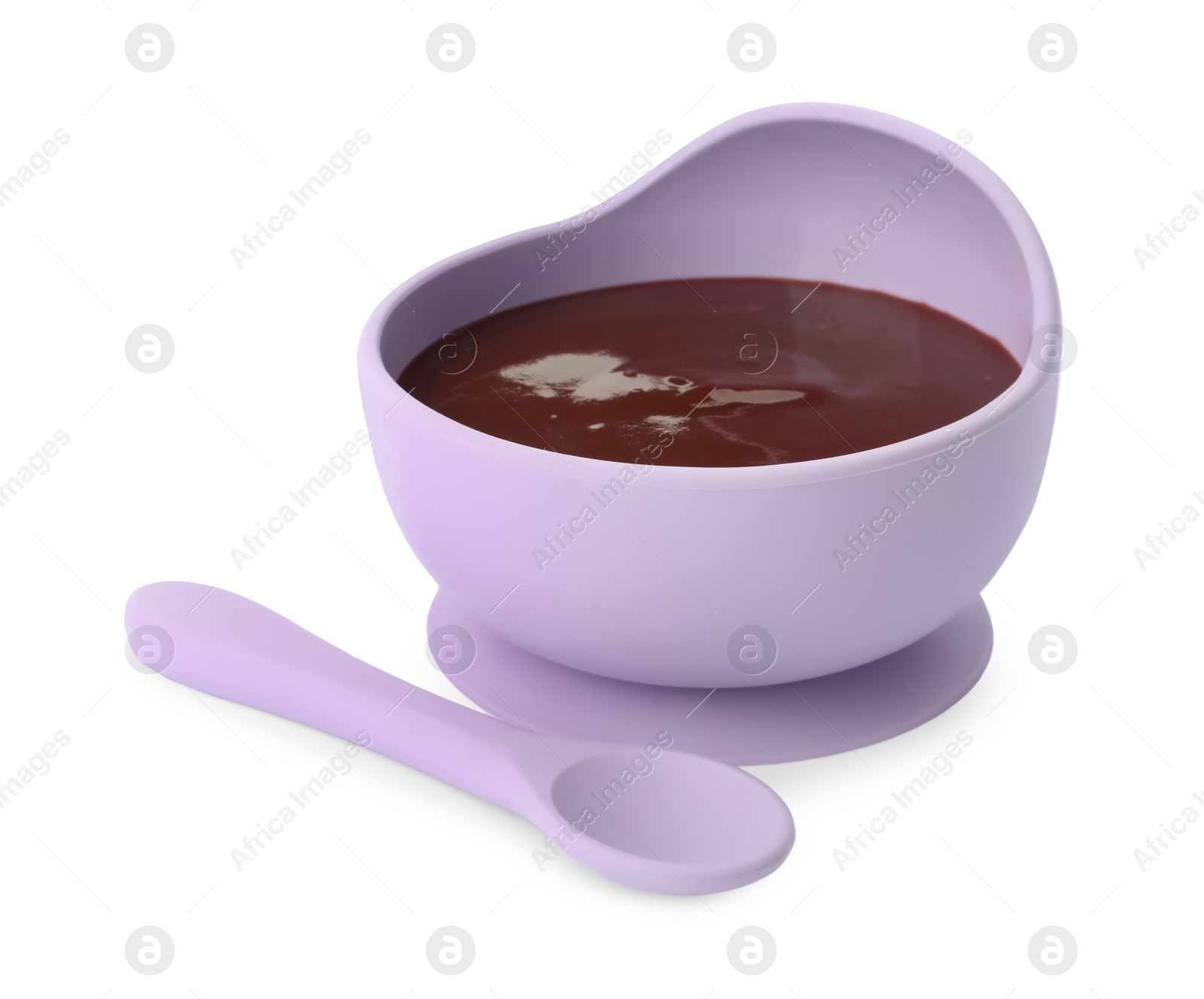 Photo of Bowl of tasty pureed baby food and spoon isolated on white