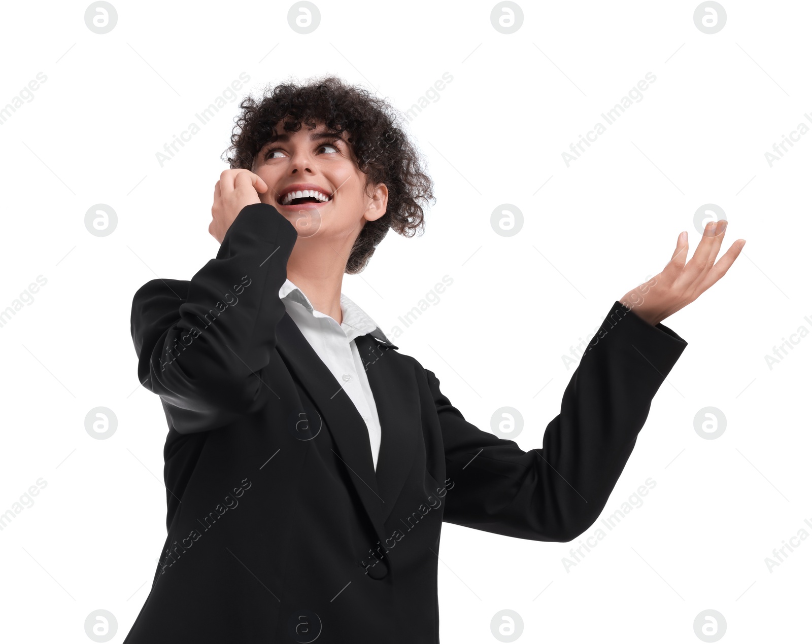 Photo of Beautiful businesswoman talking on smartphone against white background, low angle view