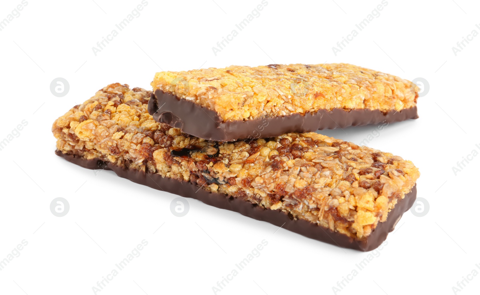 Photo of Granola bars with chocolate on white background. High protein snack