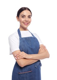 Photo of Young woman in blue jeans apron on white background