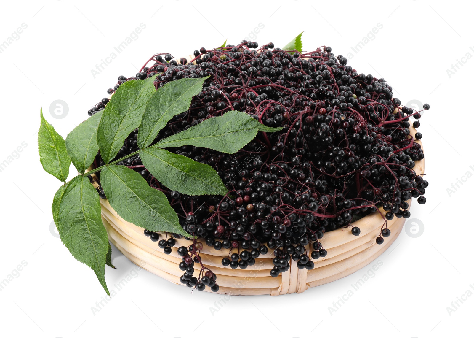 Photo of Wicker basket with ripe elderberries and green leaves isolated on white