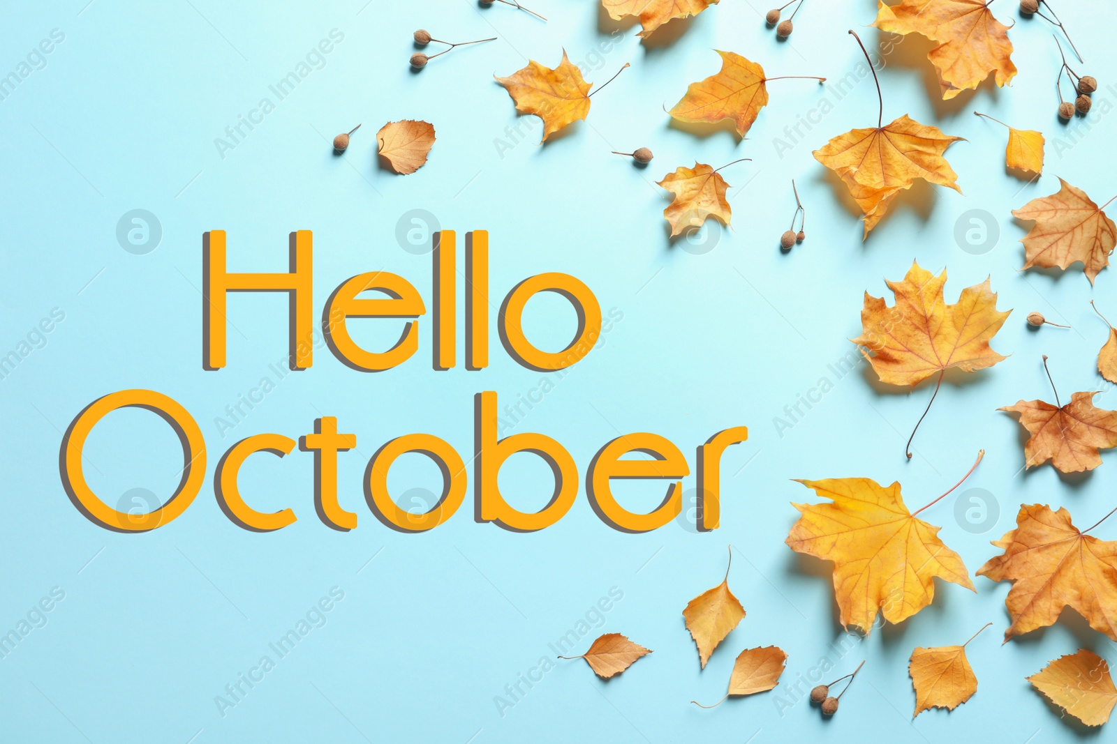 Image of Text Hello October and golden autumn leaves on light blue background, top view