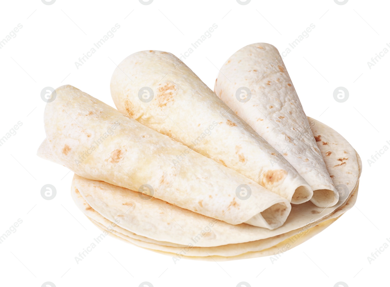 Photo of Corn tortillas on white background. Unleavened bread