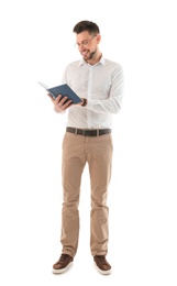 Male teacher with book on white background