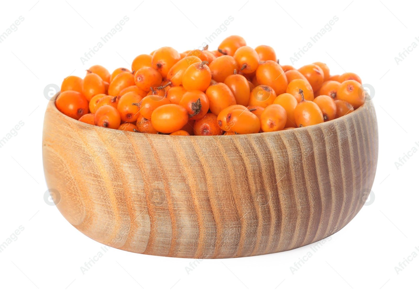 Photo of Fresh ripe sea buckthorn berries in bowl isolated on white