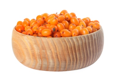 Photo of Fresh ripe sea buckthorn berries in bowl isolated on white