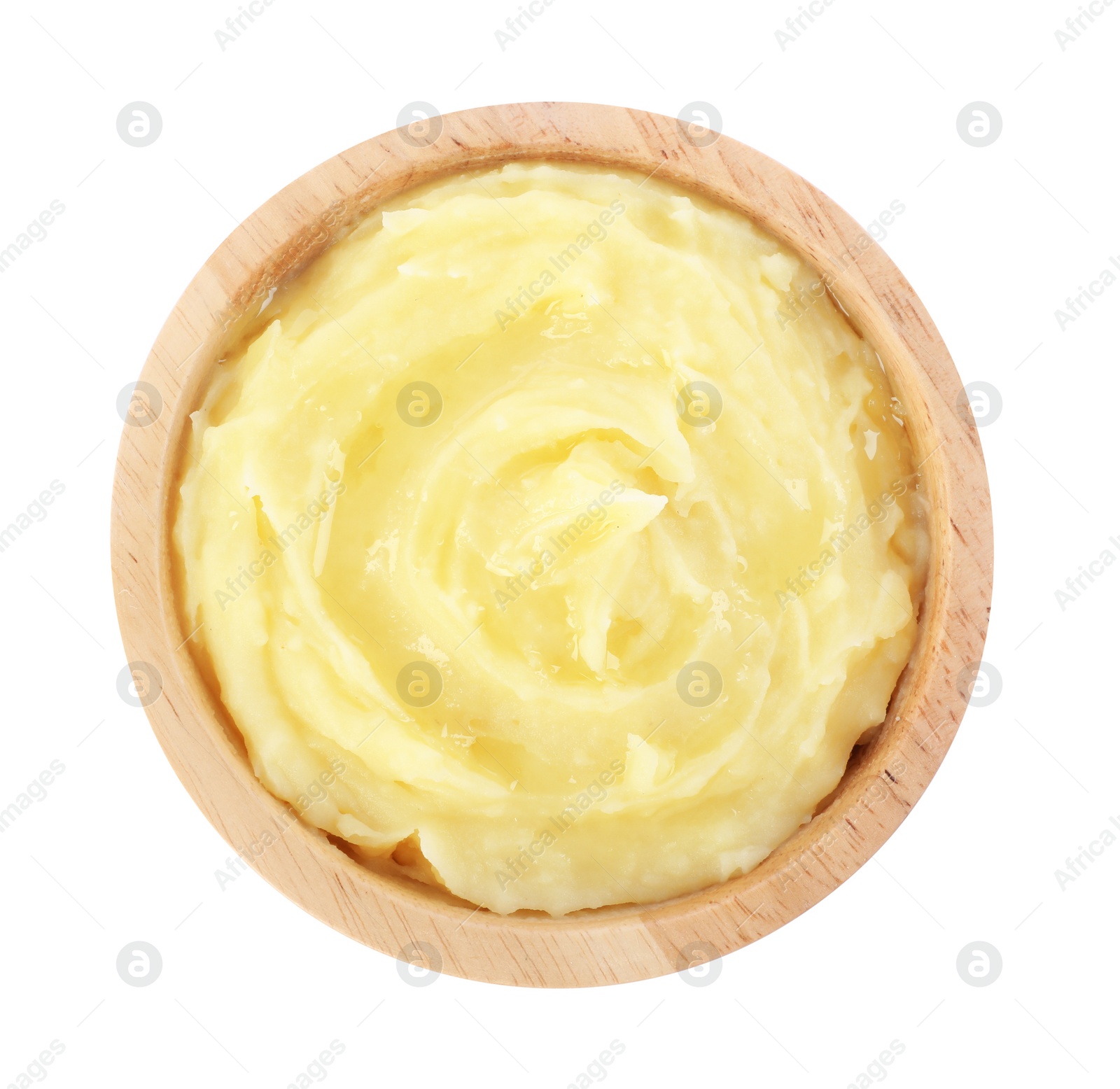 Photo of Bowl of tasty mashed potato isolated on white, top view