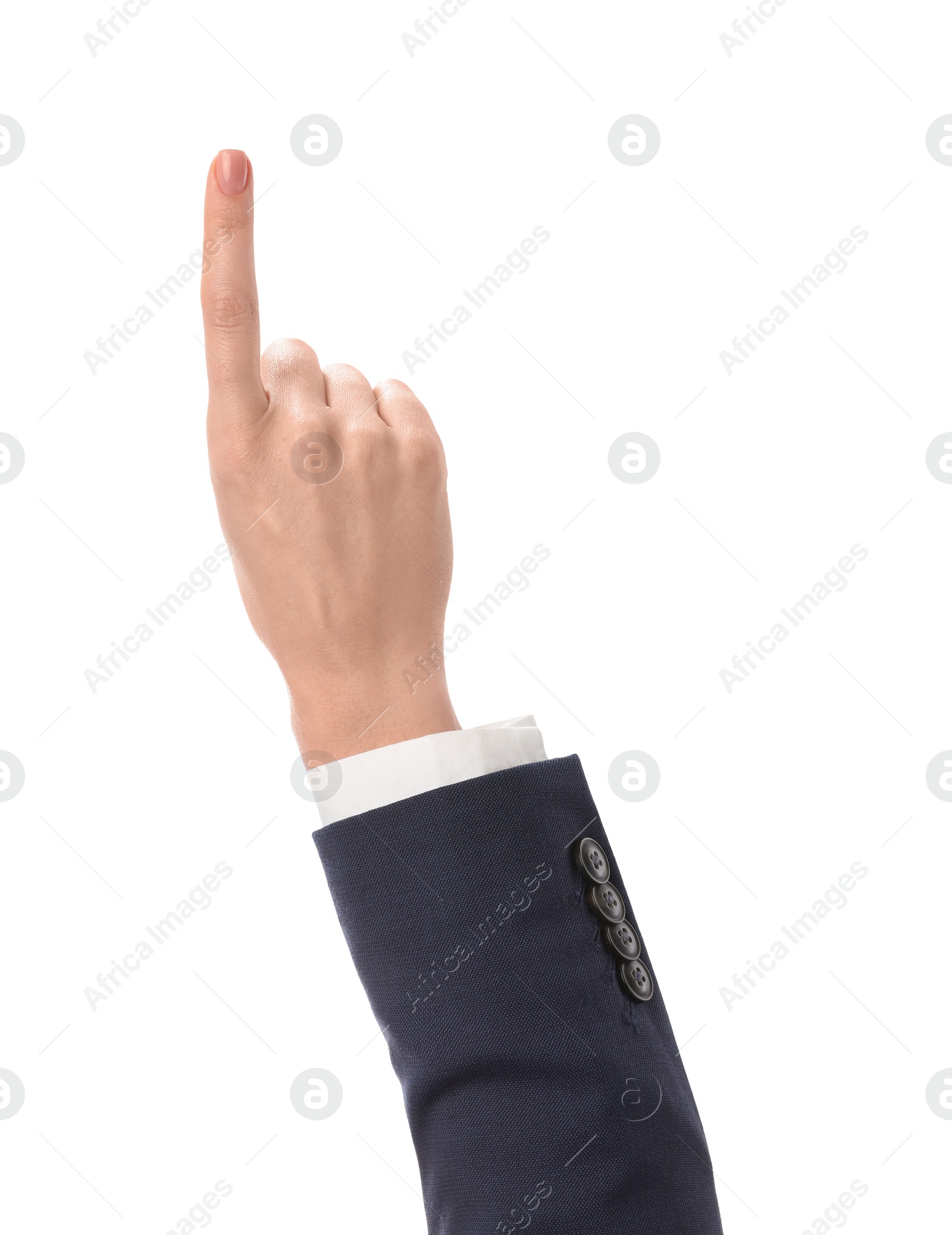 Photo of Woman pointing with index finger on white background, closeup