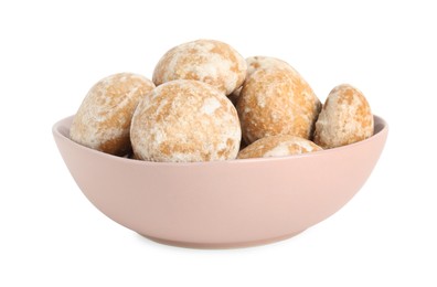 Tasty homemade gingerbread cookies in bowl on white background