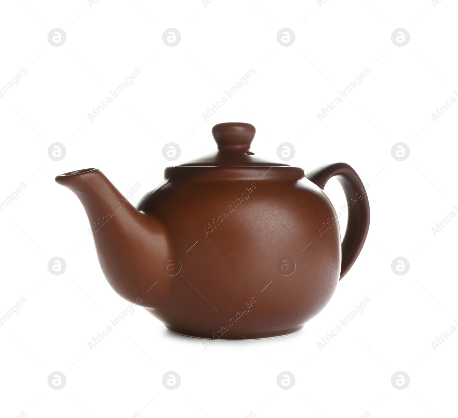 Photo of Brown clay teapot with handle isolated on white