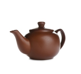 Brown clay teapot with handle isolated on white