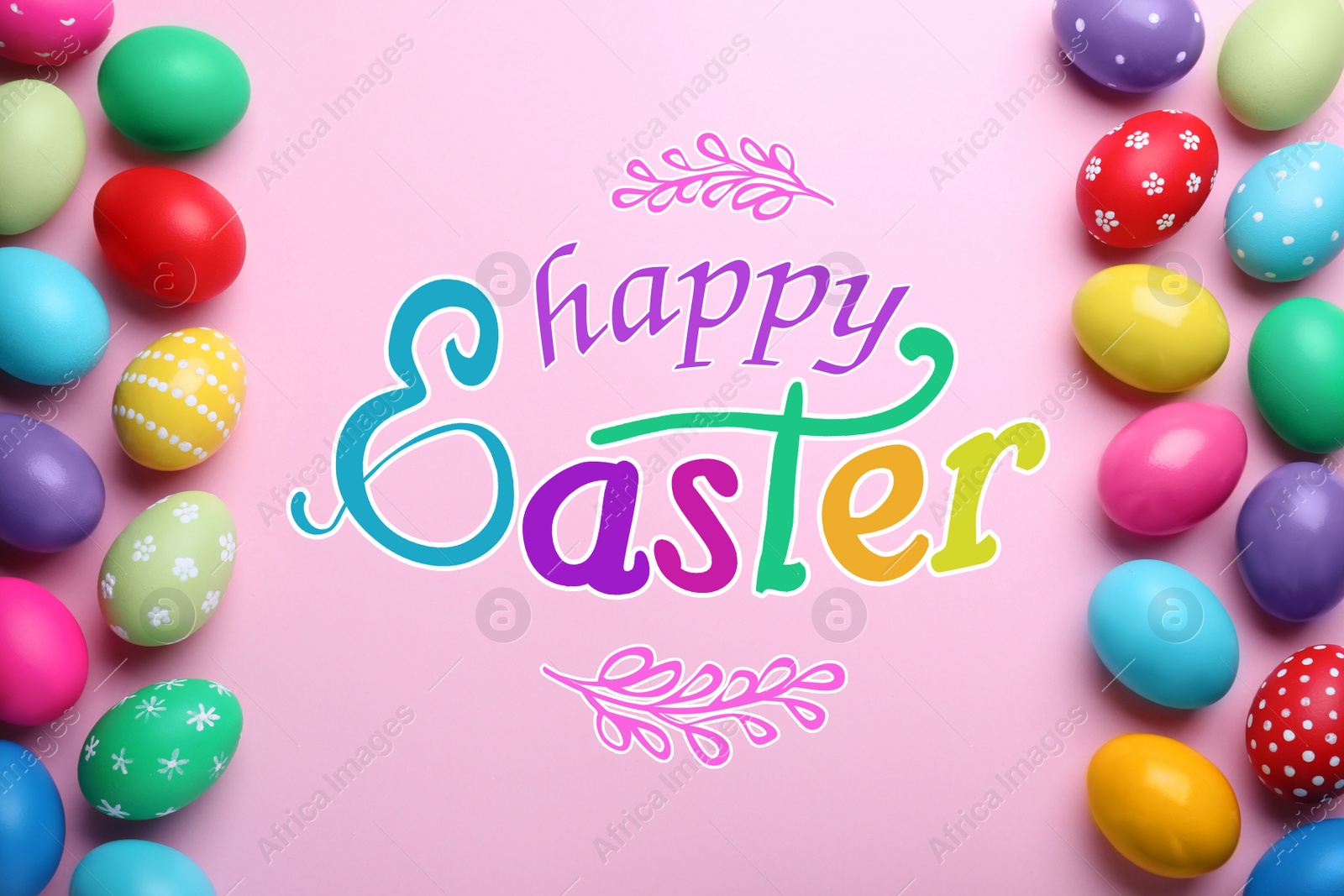 Image of Happy Easter. Bright painted eggs on pink background, flat lay  