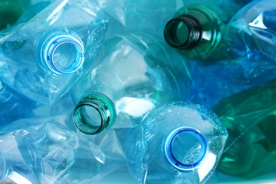 Photo of Many plastic bottles as background, closeup. Recycle concept