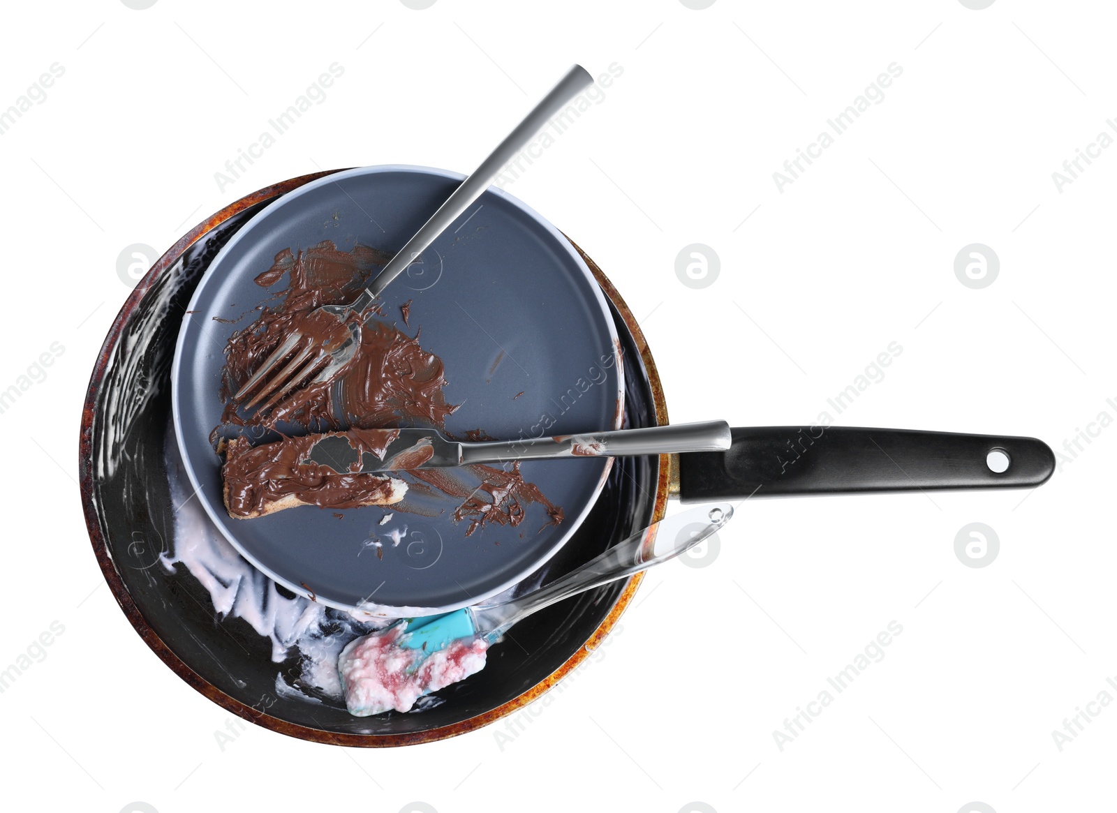 Photo of Stack of dirty dishes on white background, top view