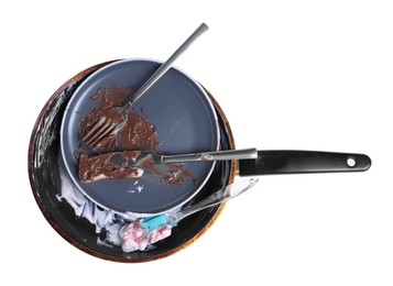 Photo of Stack of dirty dishes on white background, top view