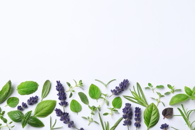 Many different aromatic herbs on white background, flat lay. Space for text