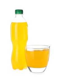 Photo of Delicious orange soda water on white background